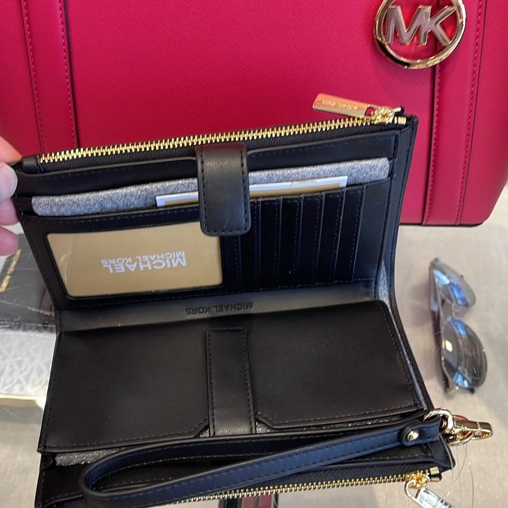 MICHAEL KORS JST LG DOUBLE ZIP WRISTLET WALLET PHONE HOLDER BLACK MULTI NWT